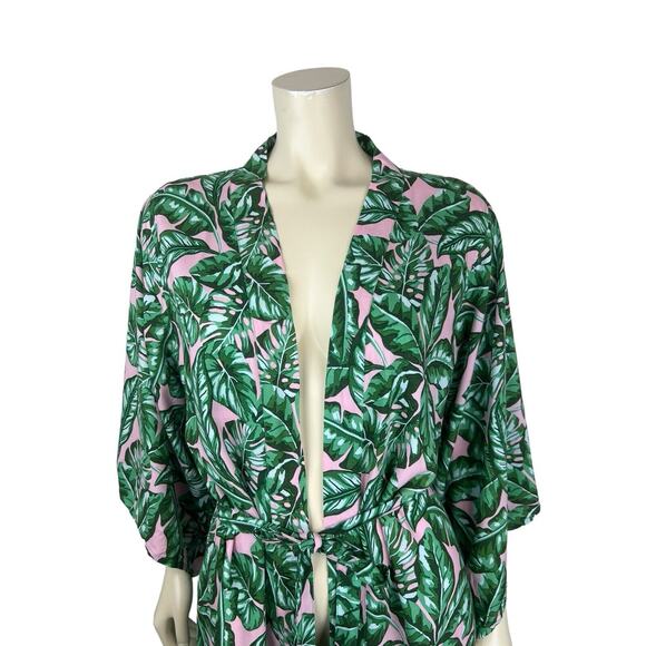 Kenny Flowers Beverly Hills Kimono Coverup Size S Leaf Print Green Pink Tie Swim - Picture 5 of 12
